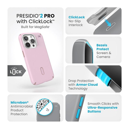 Speck Presidio2 Pro ClickLock & MagSafe - iPhone 15 Pro Case (Soft Lilac/Carnation Petal)
