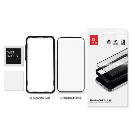 Crong 3D Armor Glass - 9H teljes ragasztóval ellátott edzett üveg iPhone 16 / iPhone 15 + készülékhez, beépítő kerettel