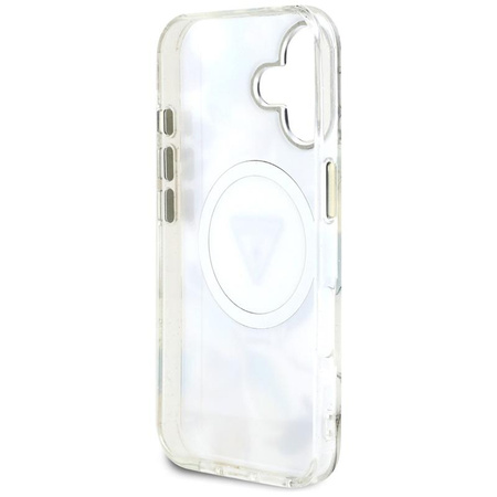 Guess Glitter Flowers Triangle Buttons MagSafe - pouzdro pro iPhone 16 (bílé)