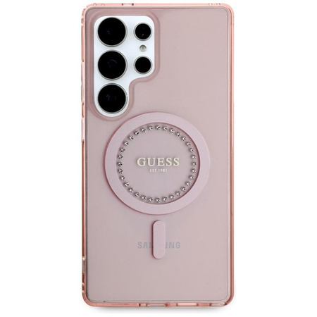 Guess Rhinestones imprimé Logo classique MagSafe - étui pour Samsung Galaxy S25 Ultra (rose)