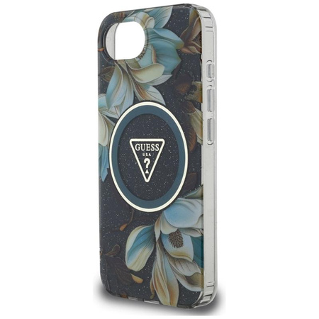 Guess IML Metal Glitter Flowers Triangle MagSafe - Pouzdro pro iPhone 16e (černé)