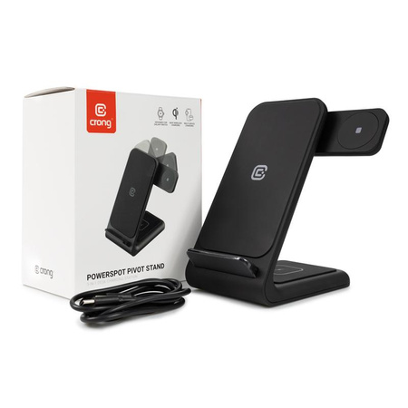 Crong PowerSpot Pivot Stand - Chargeur sans fil 3-en-1 pour iPhone, Samsung & Android, Galaxy Watch et écouteurs TWS (noir)
