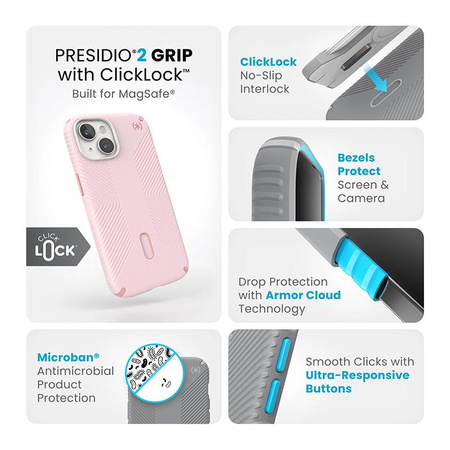 Speck Presidio2 Grip ClickLock & MagSafe - Case for iPhone 15 / iPhone 14 / iPhone 13 (Nimbus Pink/Dahlia Pink)