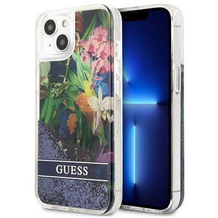 Guess Liquid Glitter Flower - étui pour iPhone 13 mini (bleu)