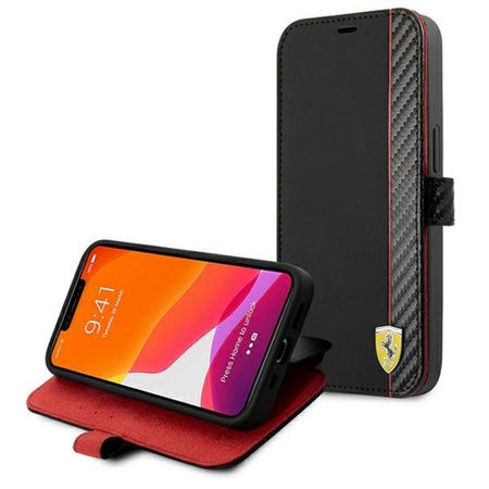Ferrari Booktype On Track Carbon Stripe - pouzdro pro iPhone 13 Pro (černé)