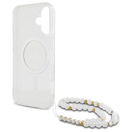 Guess IML Glitter With Pearl Strap MagSafe - Pouzdro pro iPhone 16 (Průhledné)