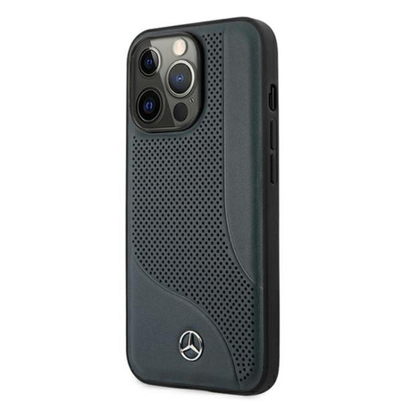Étui en cuir Mercedes à surface perforée pour iPhone 13 Pro Max (bleu marine)