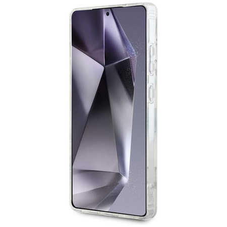 Guess Glitter Flowers Triangle Buttons MagSafe - étui pour Samsung Galaxy S25 Ultra (blanc)