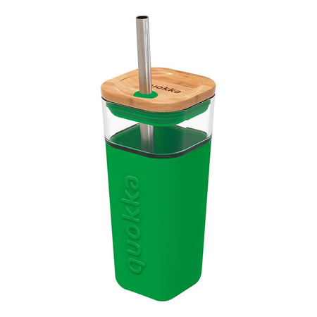 Quokka Liquid Cube - Glass mug 540 ml with stainless steel straw (Green)