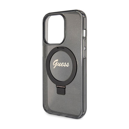 Guess Ring Stand Script Glitter MagSafe - iPhone 15 Pro Tasche (schwarz)