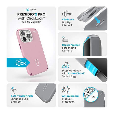 Speck Presidio2 Pro ClickLock & MagSafe - iPhone 16 Pro Tasche (Mittwoch Rosa / Boysenberry Lila / Weiß)