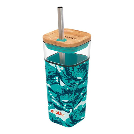 Quokka Liquid Cube - Mug en verre 540 ml avec paille en acier inoxydable (fleurs d'eau)