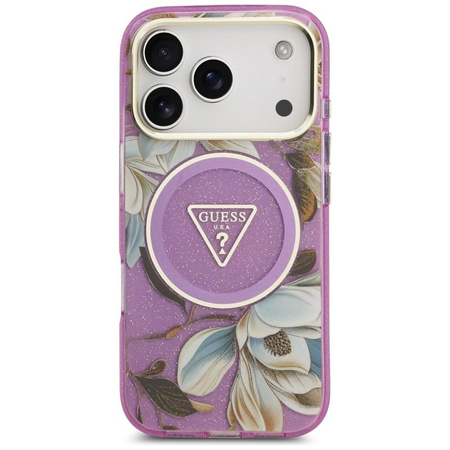 Guess IML Glitter Flowers Triangle MagSafe - Case iPhone 17 Pro (purple)