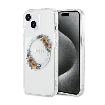 Guess IML Flowers Wreath MagSafe - iPhone 15 Hülle (Transparent)