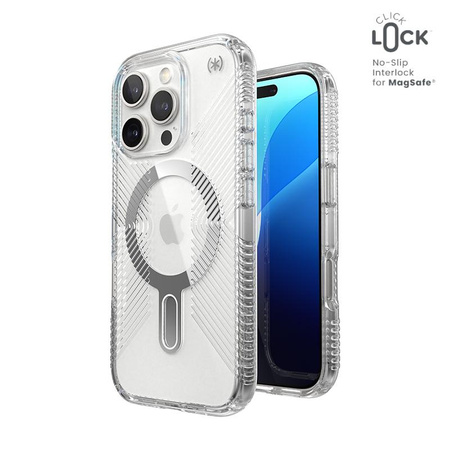 Speck Presidio Perfect-Clear Grip ClickLock & MagSafe - Coque iPhone 16 Pro (Clair / Finition Chrome / Argent Serein)