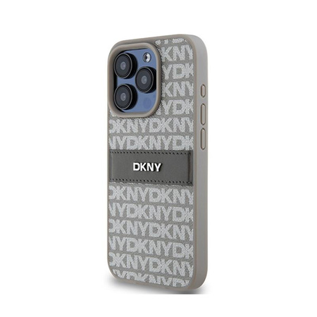 DKNY Étui en cuir mono-rayure et logo en métal pour iPhone 15 Pro Max (beige)