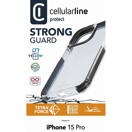 Cellularline Tetra Force Strong Guard - Étui pour iPhone 15 Pro avec revêtement MICROBAN (transparent)