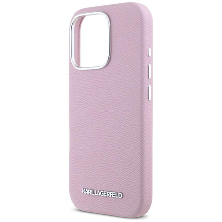 Karl Lagerfeld Saffiano Full Wrapped Elongated Metal Logo MagSafe - Hülle für iPhone 16 Pro Max (rosa)
