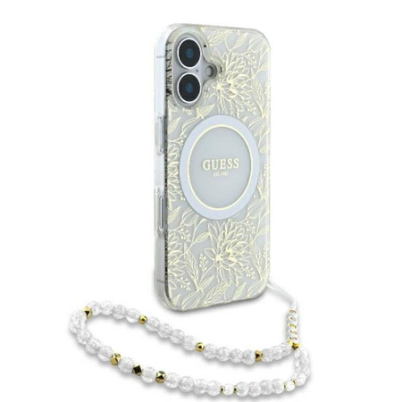 Guess IML Blumen Allover Elektro mit Perle Riemen MagSafe - iPhone 16 Fall (weiß)