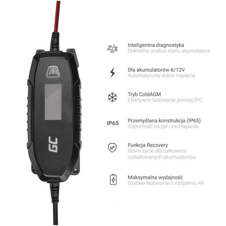 Green Cell - Ładowarka, prostownik do Akumulatorów 6V / 12V (4A) z funkcją inteligentnej diagnostyki