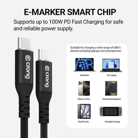 Crong Soft Link - 100W PD 5A USB-C USB-C kábel 120cm (fekete)