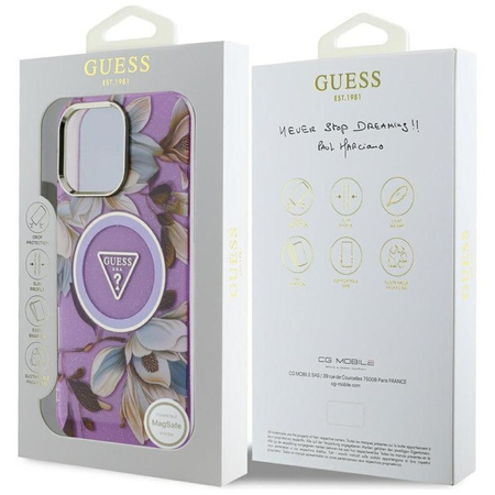 Guess Glitter Flowers Triangle Buttons MagSafe - Pouzdro pro iPhone 16 Pro (fialový)