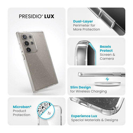Speck Presidio Lux Glitter - Custodia per Samsung Galaxy S24 Ultra (trasparente/glitter oro)