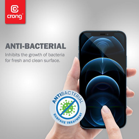 Crong Anti-Bacterial 3D Armor Glass – tvrzené sklo 9H pro celou obrazovku iPhonu 12 Pro Max + instalační rámeček