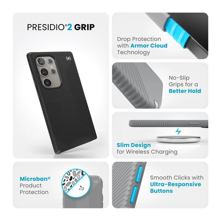 Speck Presidio2 Grip - Custodia per Samsung Galaxy S24 Ultra (Nero/Grigio Ardesia/Bianco)