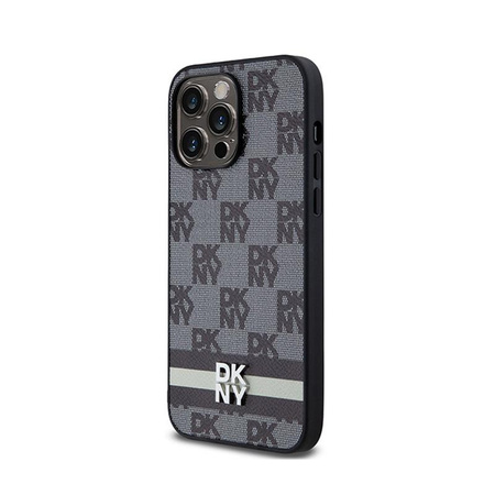 DKNY Leather Checkered Mono Pattern & Printed Stripes - Coque pour iPhone 14 Pro Max (noir)