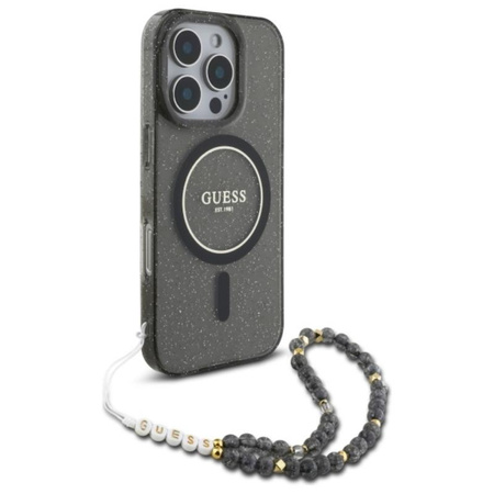 Guess IML Glitter With Pearl Strap MagSafe - Hülle iPhone 16 Pro (Schwarz)
