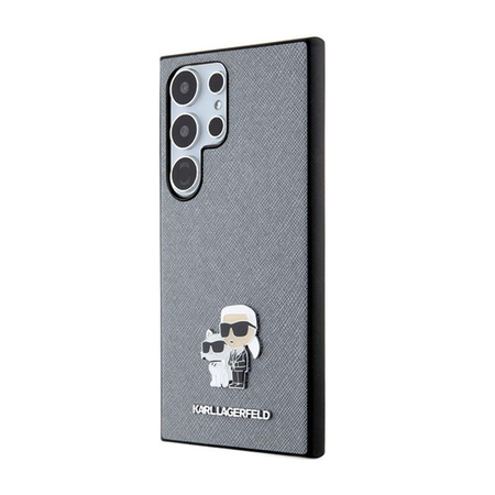 Karl Lagerfeld Saffiano Karl & Choupette Metal Pin - Pouzdro na Samsung Galaxy S24 Ultra (šedé)