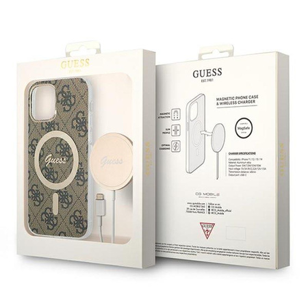 Guess Bundle Pack MagSafe 4G - pouzdro MagSafe pro iPhone 12 / iPhone 12 Pro + sada nabíječky (hnědá/zlatá)