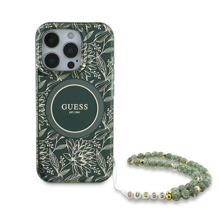 Guess IML Flowers Allover Electro With Pearl Strap MagSafe - Hülle iPhone 16 Pro (Grün)