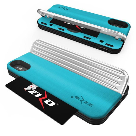 Zizo Retro Series - pouzdro na iPhone Xs / X s kapsou na karty + stojánek + 9H sklo na displej (Baby Blue/Silver)
