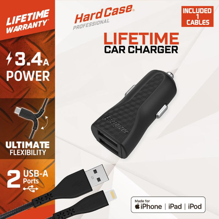 Energizer HardCase - Autoladegerät 2x USB-A 17W 3.4A + MFi-zertifiziertes Lightning-Kabel (Schwarz)