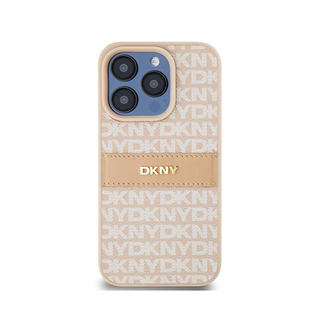 DKNY Bőr mono csíkos és fém logóval - iPhone 15 Pro tok (rózsaszín)