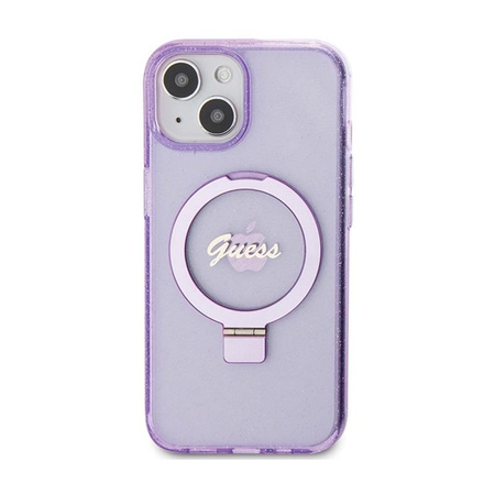 Guess Ring Stand Script Glitter MagSafe - iPhone 15 Hülle (lila)
