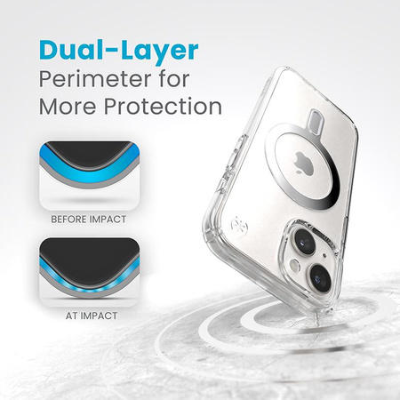 Speck Presidio Perfect-Clear ClickLock & MagSafe - Case iPhone 16e / iPhone 15 / iPhone 14 / iPhone 13 (Clair / Finition Chrome / Argent Serein)