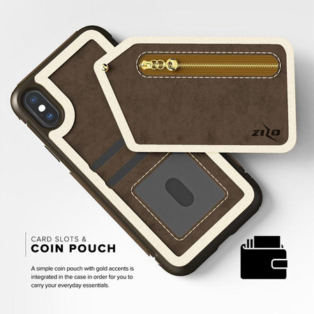 Zizo Nebula Wallet Case - kožené pouzdro na iPhone X s přihrádkami na karty + pouzdro na zip + 9H sklo na displej (tmavě hnědá/hnědá)