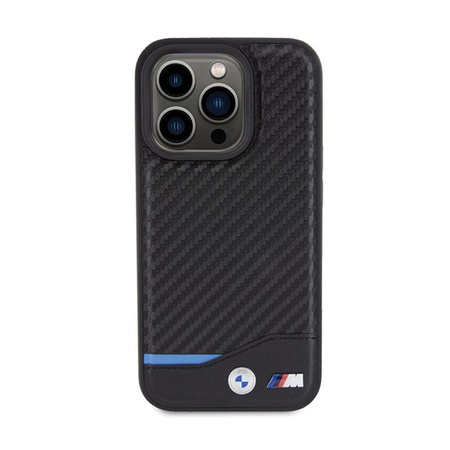 BMW Leather Carbon Blue Line - pouzdro pro iPhone 15 Pro (černé)