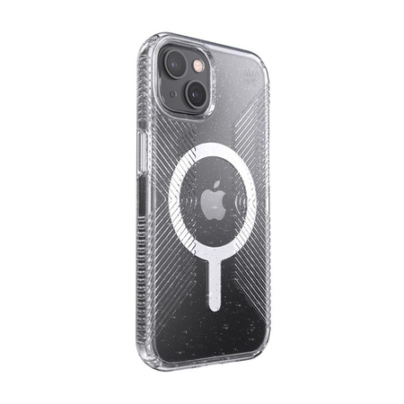 Speck Presidio Perfect-Clear with Glitter + Grips + MagSafe - iPhone 13 Case with MICROBAN Coating (Clear/Platinum Glitter)
