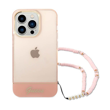 Průsvitný perleťový řemínek Guess - pouzdro pro iPhone 14 Pro Max (růžové)