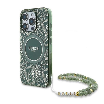 Guess IML Blumen Allover Elektro mit Perle Riemen MagSafe - iPhone 16 Pro Fall (grün)