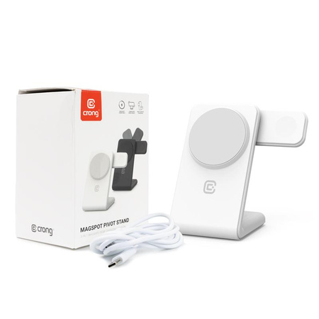 Crong MagSpot Pivot Stand – 3-in-1-Wireless-Ladegerät mit MagSafe für iPhone, Apple Watch und AirPods (Weiß)