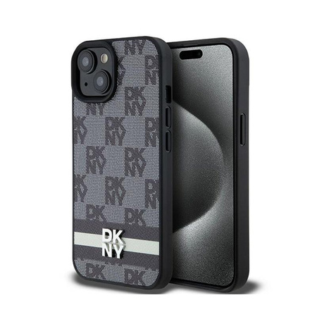 DKNY Leather Checkered Mono Pattern & Printed Stripes - Coque pour iPhone 15 Plus / 14 Plus (noir)