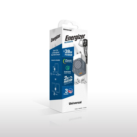 Energizer Ultimate - Multiplug EU / UK / US mains charger GaN 38W PD + QC3.0 (Silver)