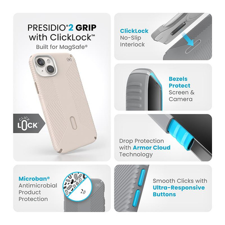 Speck Presidio2 Grip ClickLock & Magsafe - iPhone 15 Plus Tasche (Bleached Bone / Heirloom Gold / Hazel Brown)