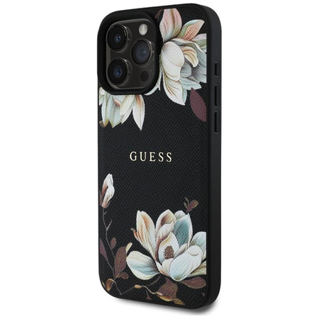 Guess Grained Flower Pattern MagSafe - étui pour iPhone 16 Pro Max (noir)