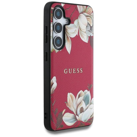Guess Grained Flower Pattern MagSafe - étui pour Samsung Galaxy S25 (fuchsia)